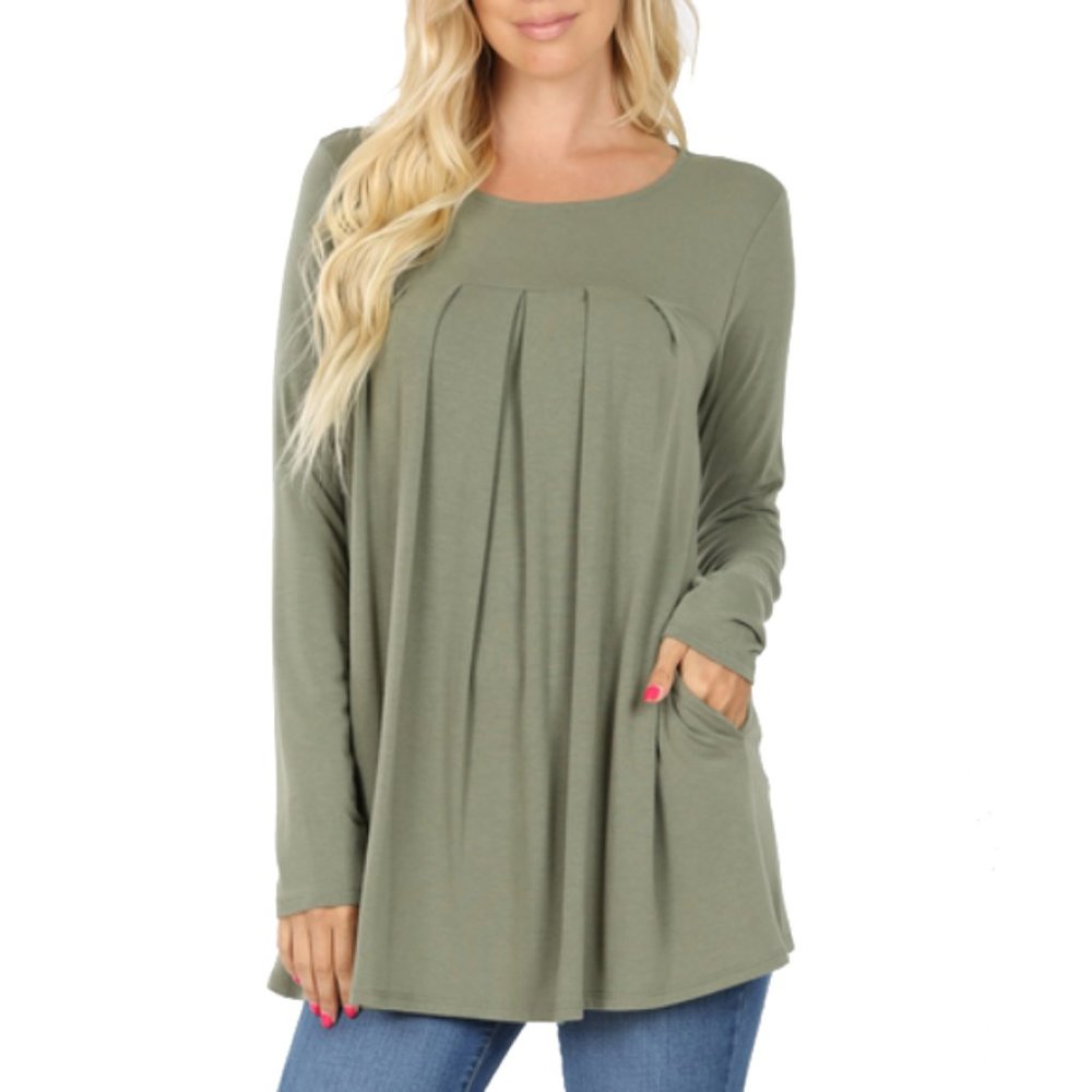 Light Olive Green Pleated Long Sleeve Top